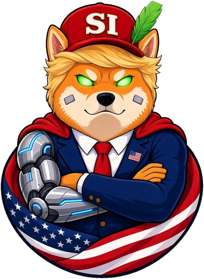 Super Inu with arms crossed wearing an SI cap, suit, cape and cybernetic arm